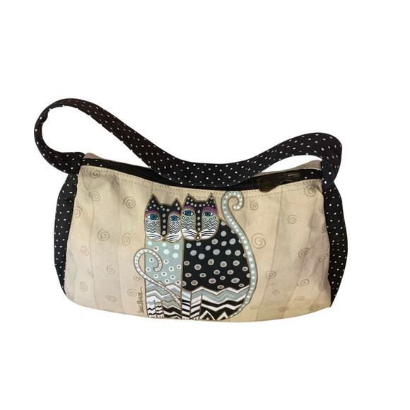 Laurel Burch Cats Shoulder Bag Cream Canvas Black With White poka Dots - Picture 2 of 11